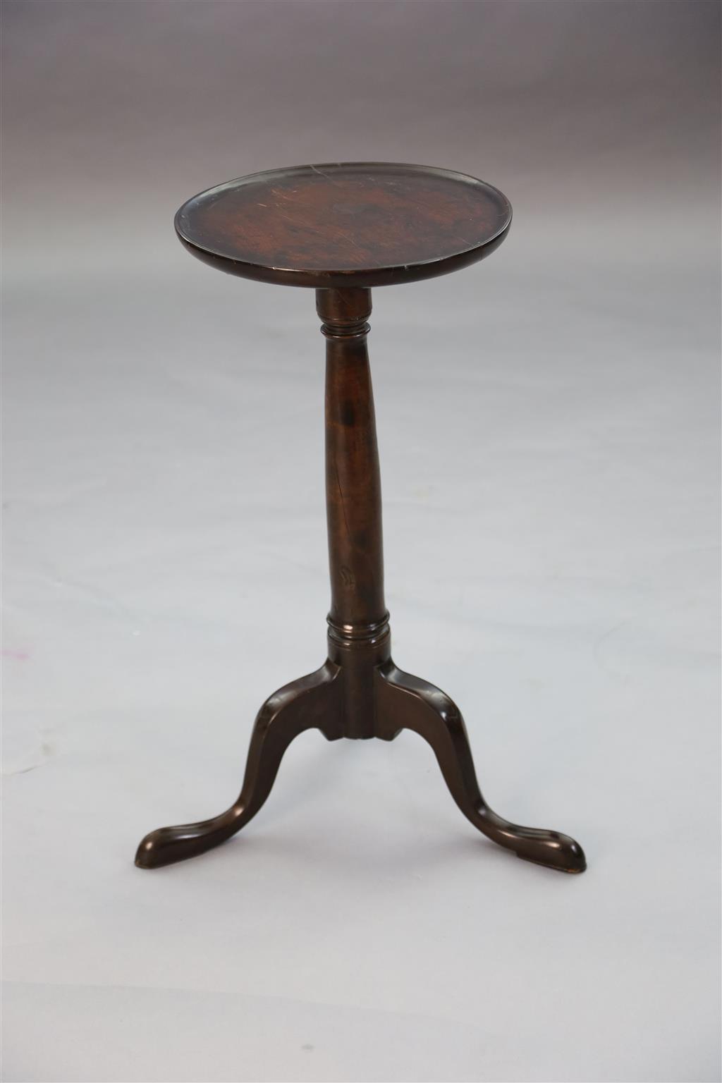 A George II yew wood tripod table H. 2ft 4in. D. 1ft 1in.